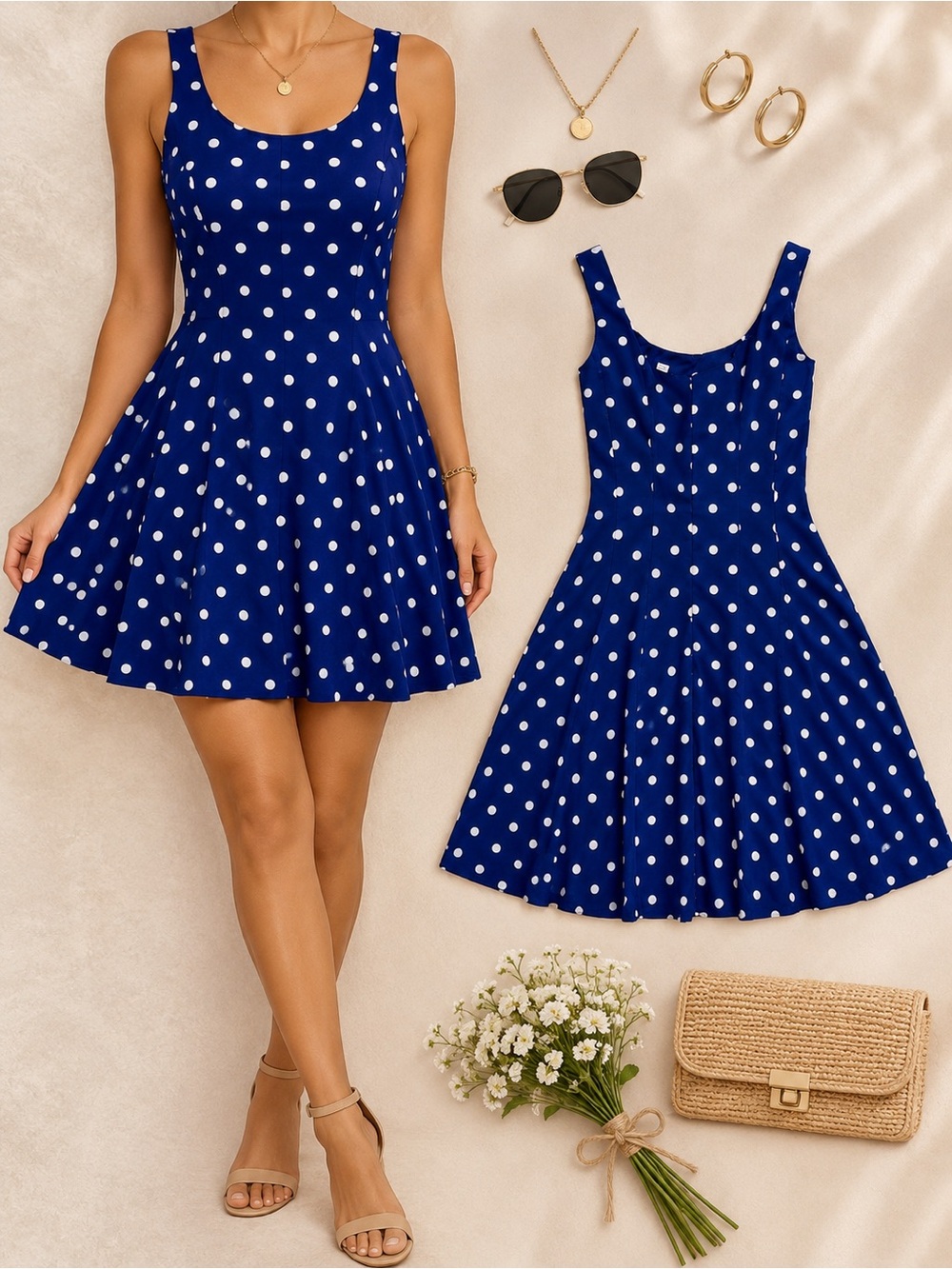 Dressbarn Blue & White Polka Dot Fit-and-Flare Dress